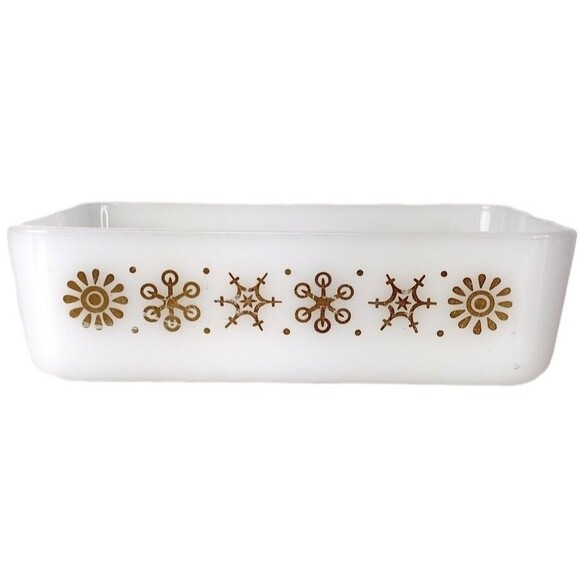 Vintage 30s 40s Glasbake 1 Qt. Gold Atomic Starburst Snowflake Casserole Dish - Picture 1 of 9
